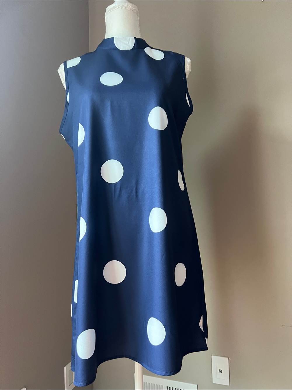 Sleeveless Navy Polka Dot Shift Dress - White Dot Print